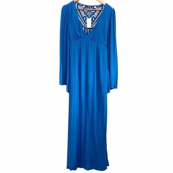 Forever 21 NWT Teal Maxi Long Sleeve Bohemian Lace Dress - Picture 1 of 10